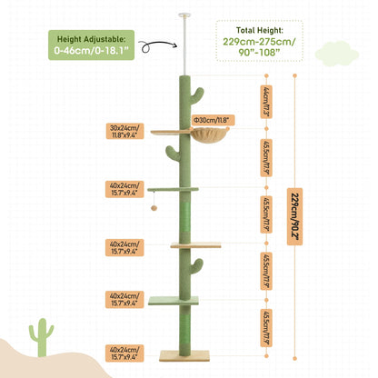 Tall Cat Tree Cactus Floor to Ceiling Cat Tower 95-108" Sisal Scratching Post for Indoor Cats