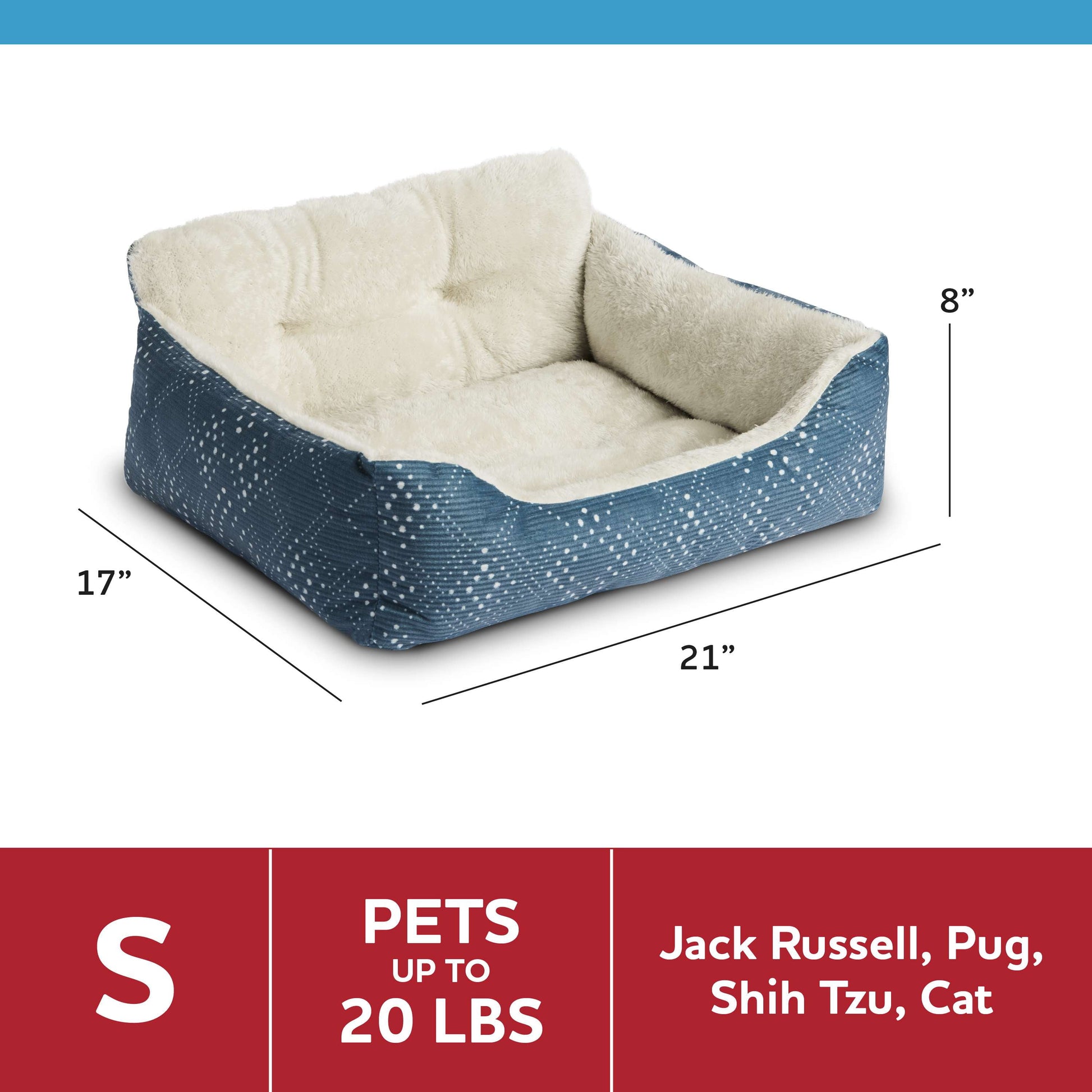 Dog & Cat Bed, Plush Lounger, Portable, Machine Washable, Blue, 21" X 17"